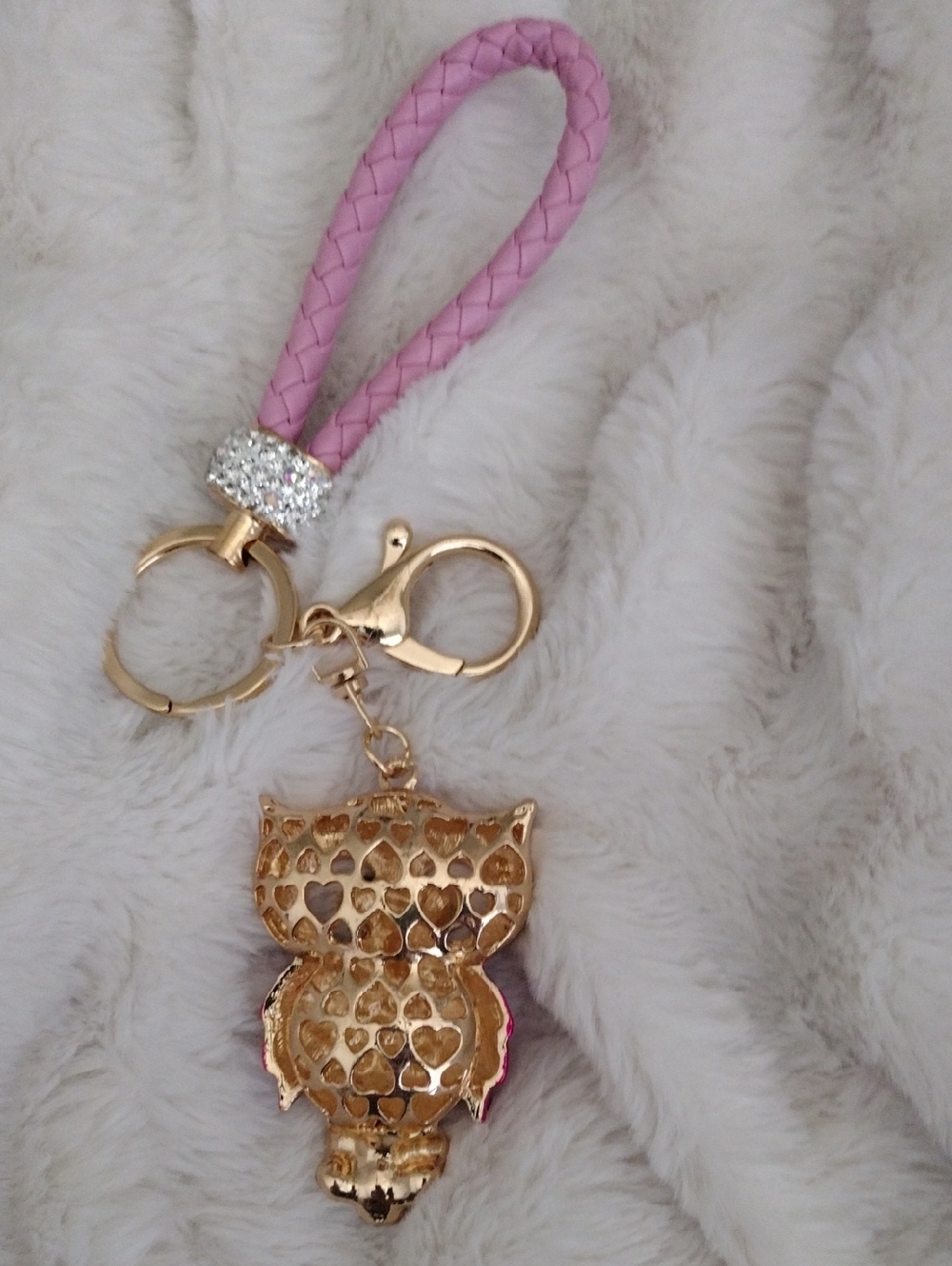Pink Braided Loop Owl Bag Charm Keychain with Rhinestones - Picture 2 of 2